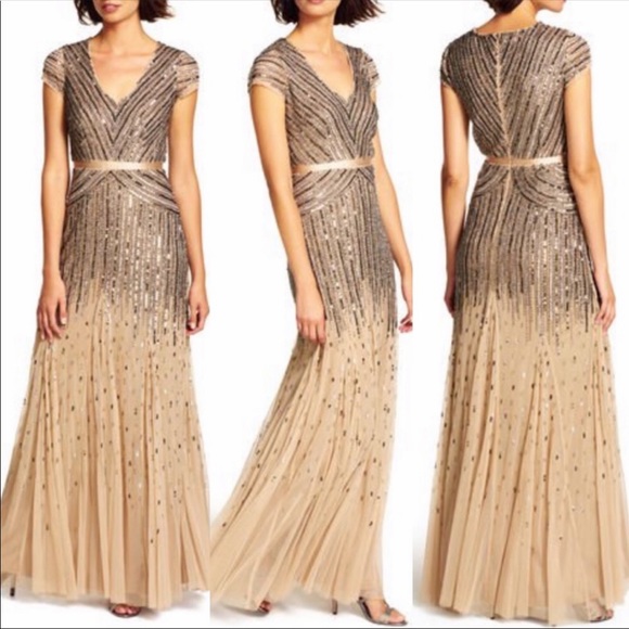 Adrianna-Papell beaded short sleeves V-Neck long evening Gown - Picture 7 of 16